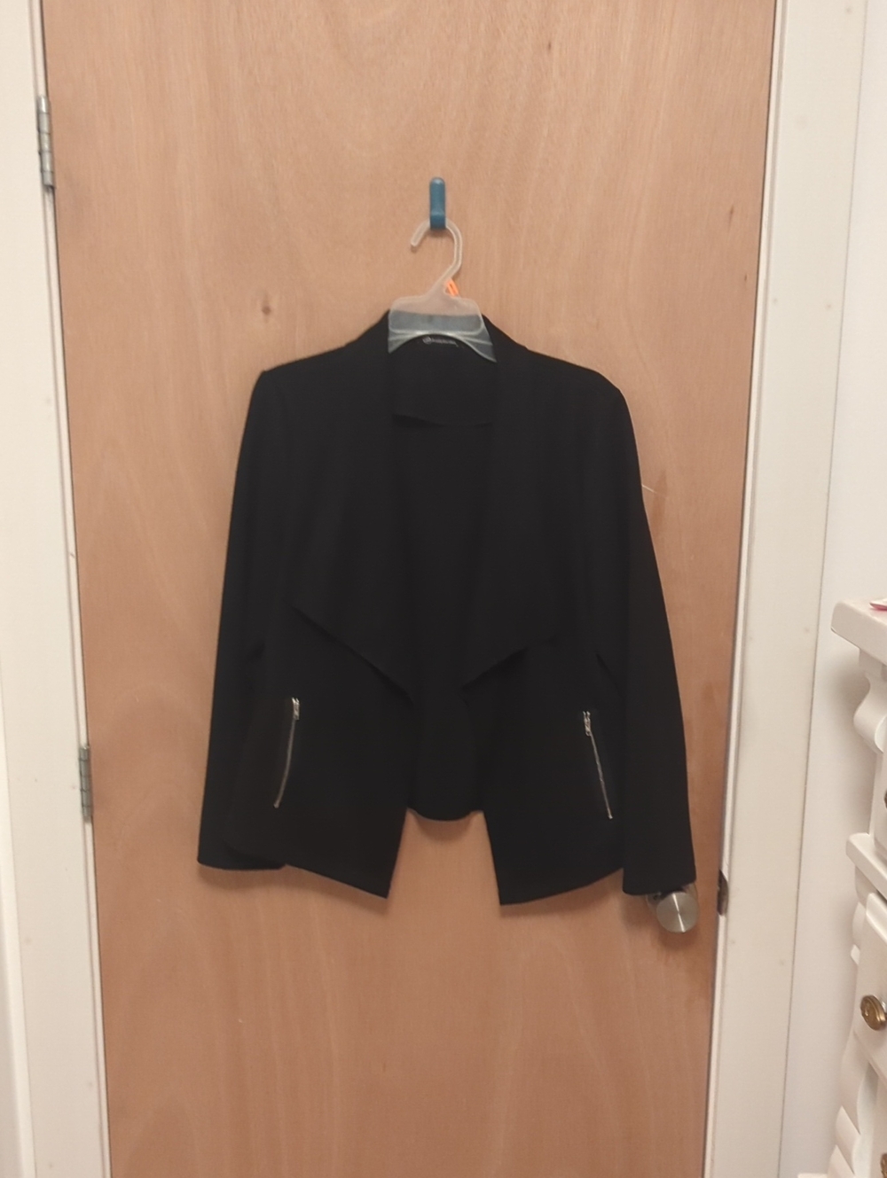 Black Draped Open-Front Women's Jacket with Zip Pockets
